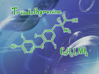 Chemical molecular formula of the hormone Triiodothyronine P . Infographics. Abstract bright glitter blue background.