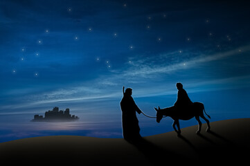 Christmas nativity scene of Joseph and Mary with donkey on the way to Bethlehem