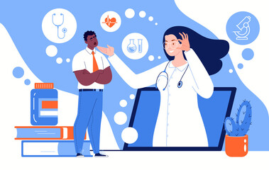 Video Call from the Patient to the Doctor. The Girl, Without Leaving the House, Consults with a Therapist through a Laptop. Online Medical Consultation. Vector Flat Illustration.