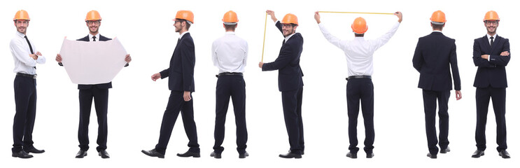 panoramic photo collage of architect expert isolated on white
