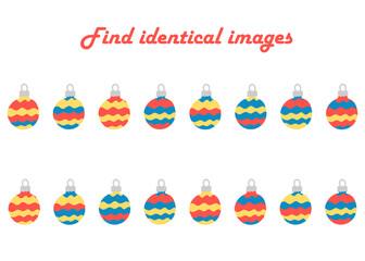 Fototapeta na wymiar A game for children . Find the same images. Set of Christmas decorations . Training and development. Illustration