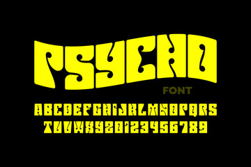 Psychedelic style font design, 1960s alphabet letters and numbers
