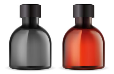 Brown glass essential oil bottle vector mockup with black lid. Small pharmacy medicine bottles blank, black and amber. Apotthecary blank design template with screw cap. Syrup flask