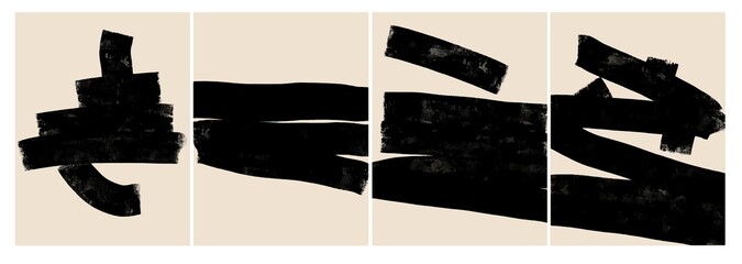 Four abstract minimalistic paintings.Black horizontal lines drawn carelessly with a paint roller and thick black acrylic paint, artwork in vector
