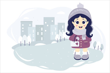kids winter. A cute girl on a winter walk stands on a blue background with a cityscape, houses, trees and snow. Vector illustration. Collection for design, postcards and posters, print and decor
