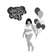
abstract monochrome vector poster, a full-length woman with balls, body-positive, lettering-you are perfect