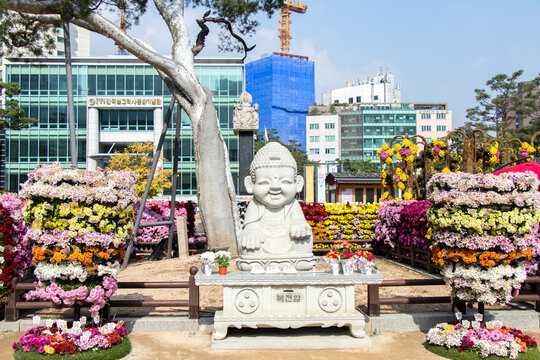 Seoul, South Korea -  October 20, 2019 : stone staue of Buddha  that located at jogyesa temple, Seoul, South Korea