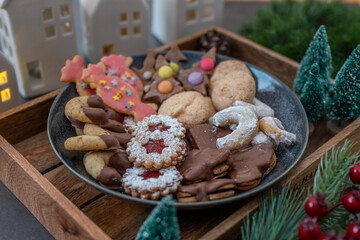 Traditional home made German Christmas Cookies on a festive table