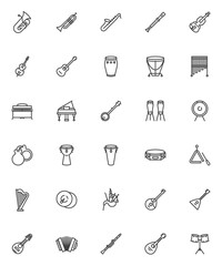 Musical instruments line icons set. linear style symbols collection, outline signs pack. vector graphics. Set includes icons as saxophone, percussion instruments, drums, acoustic guitar, grand piano