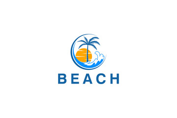 Beach vacation resort outdoor recreation trip adventure badge logo design coconut tree wave element