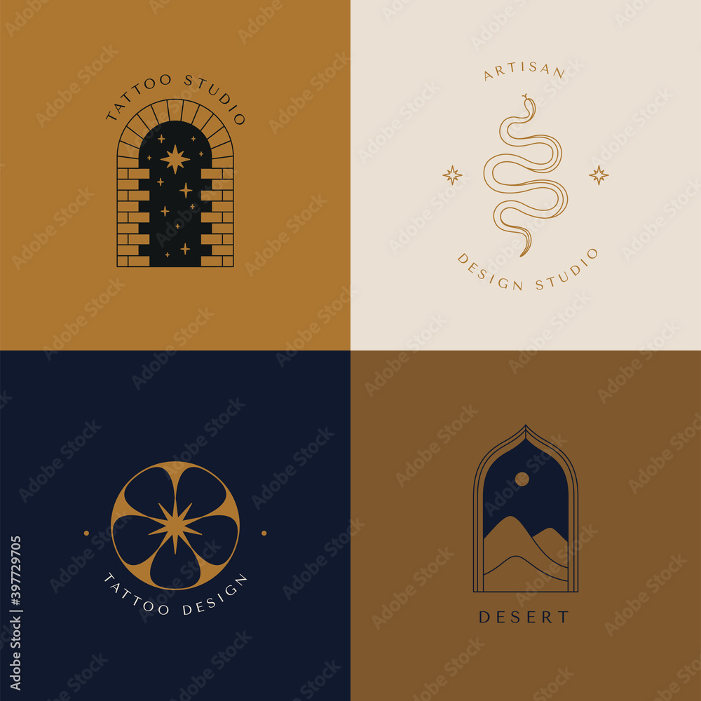 Wall mural vector logo design template in simple minimal style, magical and mystical symbols, tattoo signs