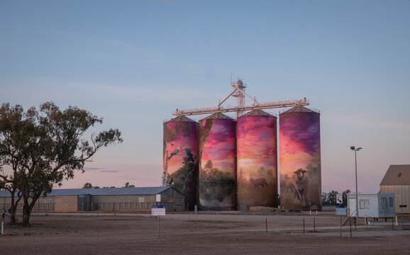Thallon Grain Silos mural 'The watering Hole' at Dawn. Artists Joel Fergie and Travis Vinson. 