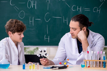 Young chemistry teacher and schoolboy in the classroom