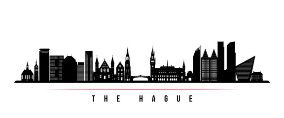 Naklejka premium The Hague skyline horizontal banner. Black and white silhouette of The Hague City, Netherland. Vector template for your design.