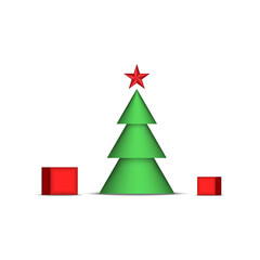 Christmas tree with red star and gift red boxes, New Year is holiday decorations isolated on white, vector 3d clip art.