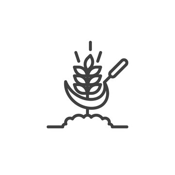 recommend clip art: Wheat and scythe line icon. linear style sign for mobile concept and web design. Sickle and wheat outline vector icon. Farming, harvest symbol, logo illustration. Vector graphics