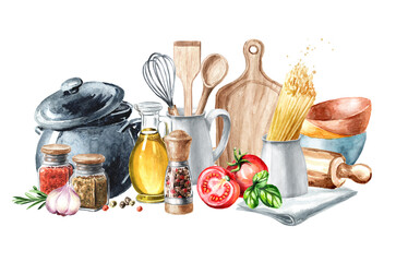 Cookig card with kitchen utensils. Watercolor hand drawn illustration isolated on white background