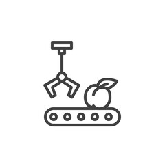 Fruit conveyor line icon. linear style sign for mobile concept and web design. Apple sorting conveyor outline vector icon. Symbol, logo illustration. Vector graphics