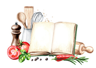 Cookig concept template. Open cookbook with copy space and vegetables with kitchen utensils. Watercolor hand drawn illustration, isolated on white background