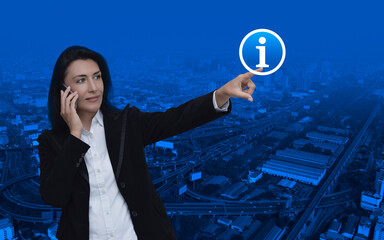 Caucasian businesswoman talking on her cell phone and pointing finger to information sign flat icon standing over modern city tower, street and expressway, Business customer service and support online