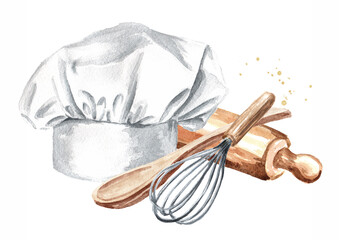 Kitchen pastry concept with chefs hat, rolling pin and wire whisk. Hand drawn watercolor illustration isolated on white background