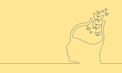 Man avatar profile view. Mental health relative icon. Butterfly go out from head of man. Thin line style