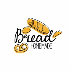 Bread homemade emblem. Hand drawn doodle label for bakery food packaging, local product simple stamp, lettering text with line baguette, pie and cookie, pastry logo vector isolated colored sticker