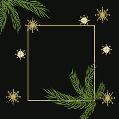Christmas greeting card and Christmas decoration on a dark pattern background with x-mas fir tree branch and snowflakes