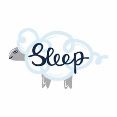 Sleep. Blue sheep and hand drawn lettering short phrase, bedtime poster with funny animal, cute childish print vector cartoon inspirational illustration for kids nursery