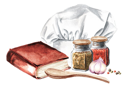 Сhefs Hat, Cookbooks,  Wooden Spoon And Spices