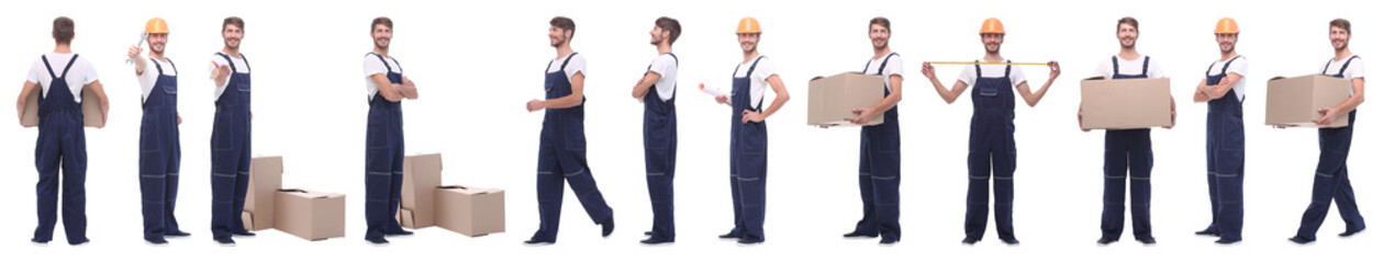 Fototapeta premium panoramic collage of male handyman isolated on white