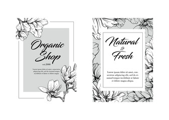 Organic Shop brochure, booklet, or template. Editable vector flower frame template. Elegant magnolia flower template.
