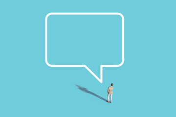 person with bubbles. 3d Smart Casual Man Confidently Talking On Phone In Colourful Space With Empty Speech Bubble. Illustration. Unrecognisable, Created In 3d Software. 3d Rendering.