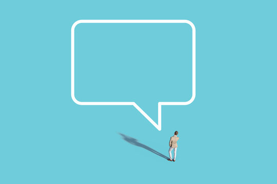 person with bubbles. 3d Smart Casual Man Confidently Talking On Phone In Colourful Space With Empty Speech Bubble. Illustration. Unrecognisable, Created In 3d Software. 3d Rendering.