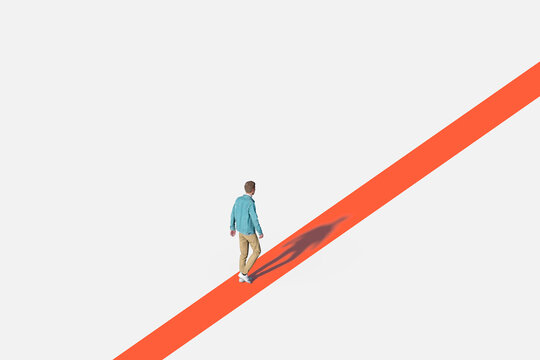 3d man walking on a red line. Young Man Walking In Colorful Space, Illustration. Unrecognisable, Created In 3d Software. 3d Rendering.