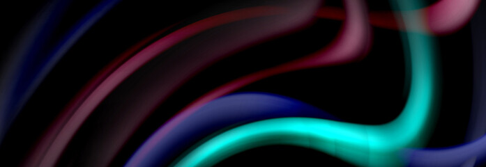 Dynamic motion abstract background. Color blurred stripes on black. Wave liquid lines poster. Vector illustration