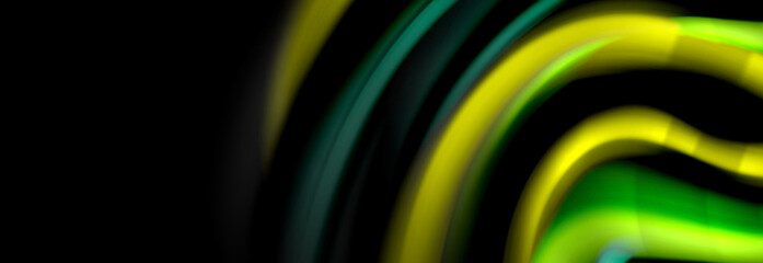 Dynamic motion abstract background. Color blurred stripes on black. Wave liquid lines poster. Vector illustration