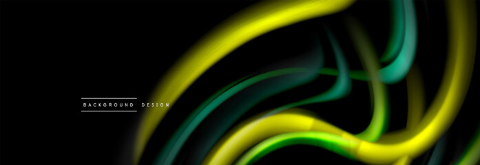 Dynamic motion abstract background. Color blurred stripes on black. Wave liquid lines poster. Vector illustration