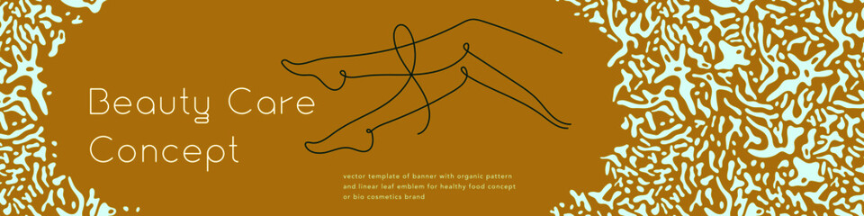 Beauty studio banner in trendy golden hue. Vector emblem design template minimalistic linear style. Abstract animal seamless pattern. Panoramic gold banner for cosmetic label. Woman body silhouette.