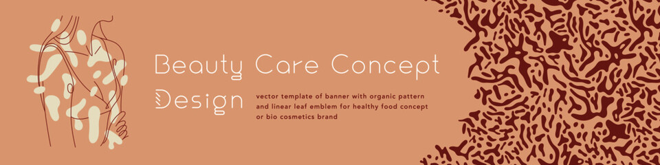 Beauty studio banner in trendy pink hue. Vector emblem design template minimalistic linear style. Abstract animal seamless pattern. Panoramic coral banner for cosmetic label. Woman body silhouette.