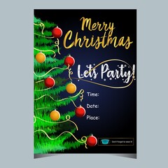 Merry Christmas greeting party invitation with hanging bells on a tree with details and safety measures