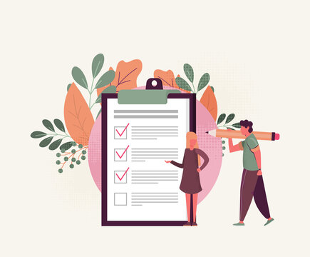 Positive business man with a giant pencil on his shoulder nearby marked checklist on a clipboard paper.  Illustration flat design style