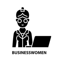 businesswomen icon, black vector sign with editable strokes, concept illustration