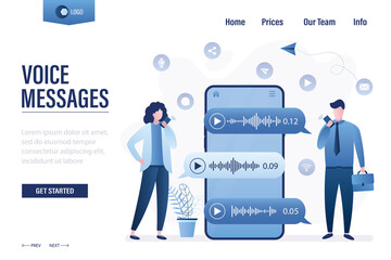 Voice messages landing page template. Business people use smartphones. Online chat technology, talking in instant messengers