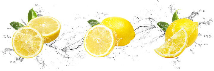 Fresh Lemons with water splash on isolated white background - obrazy, fototapety, plakaty