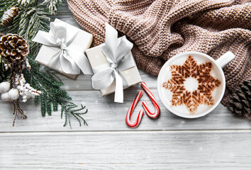 Christmas or winter composition. Coffee and decorations.