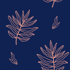 Leaves seaamless pattern on a blue background. Floral pattern. Line art.
