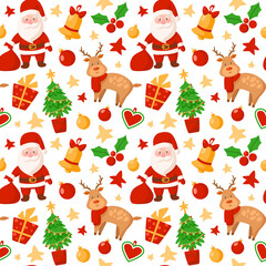 Christmas or New Year seamless pattern or digital paper - Santa Clause, reindeer, Christmas Tree, gift box, holly, festive holiday decorations, endless background for wrapping, textile, scrapbook