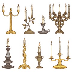 Set of candles in vintage metal candlesticks a vector isolated illustrations. - obrazy, fototapety, plakaty