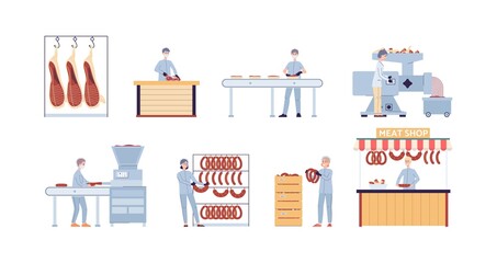 Stages processing of raw meat to ready made food a vector flat illustration
